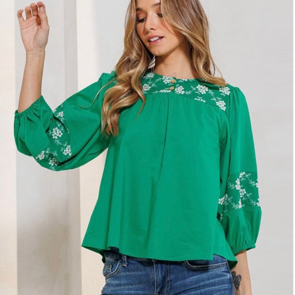 Ces Femme Boho Chic Green Embroidered Top - Picture 4 of 4
